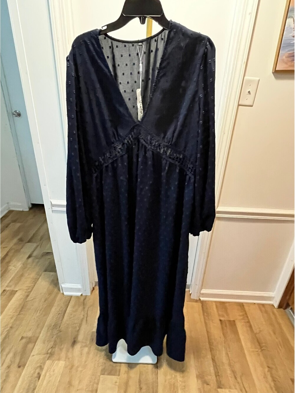 Elegant Navy Black 2XL Maxi Dress with Sheer Polka Dot Detail